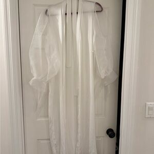 Bridal Long White Satin Robe with puff sleeves